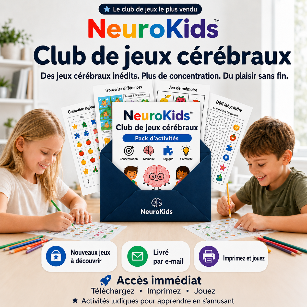 Club de Jeux Mentaux NeuroKids™ : de nouveaux jeux de réflexion imprimables livrés