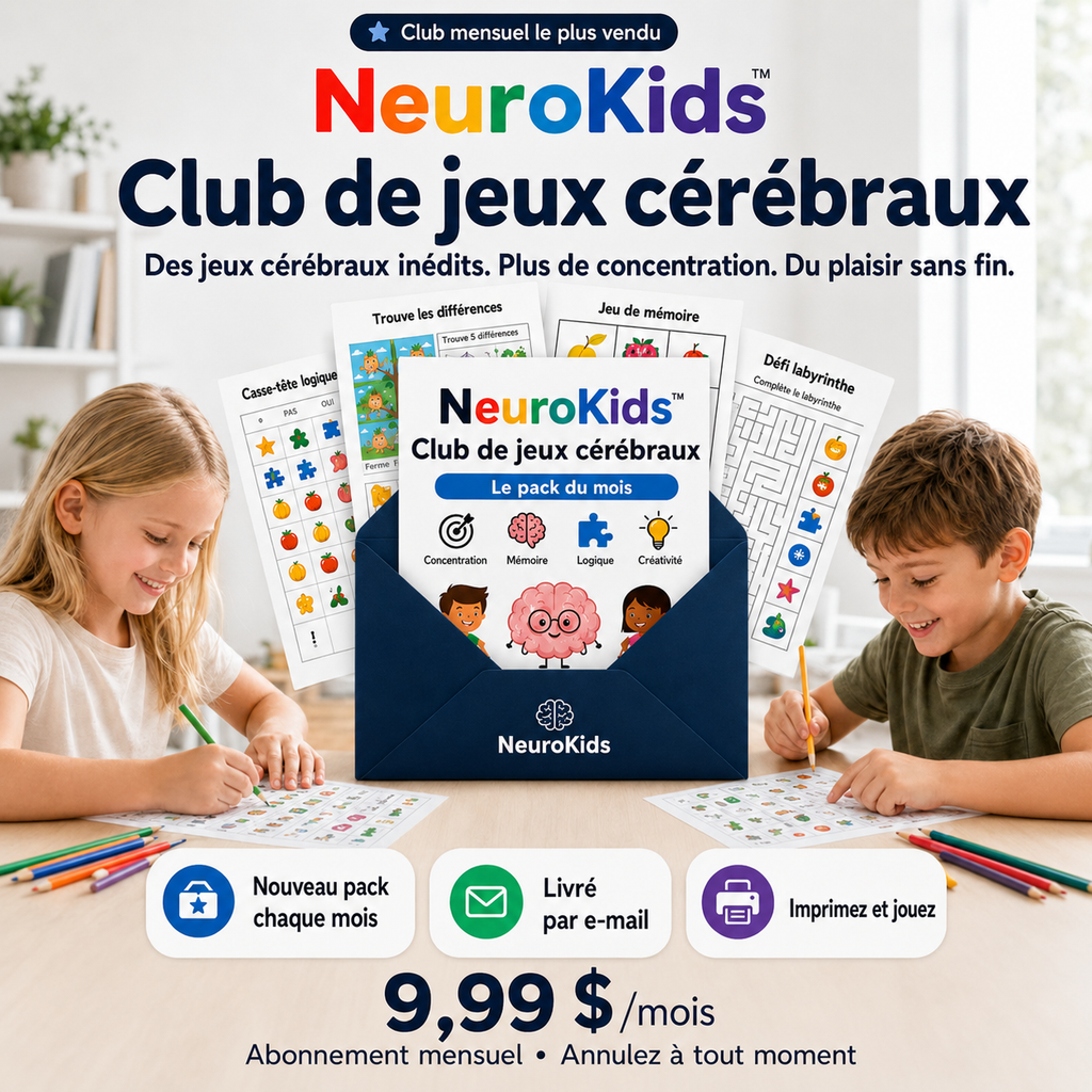 Club de Jeux Mentaux NeuroKids™ : de nouveaux jeux de réflexion imprimables livrés chaque mois.