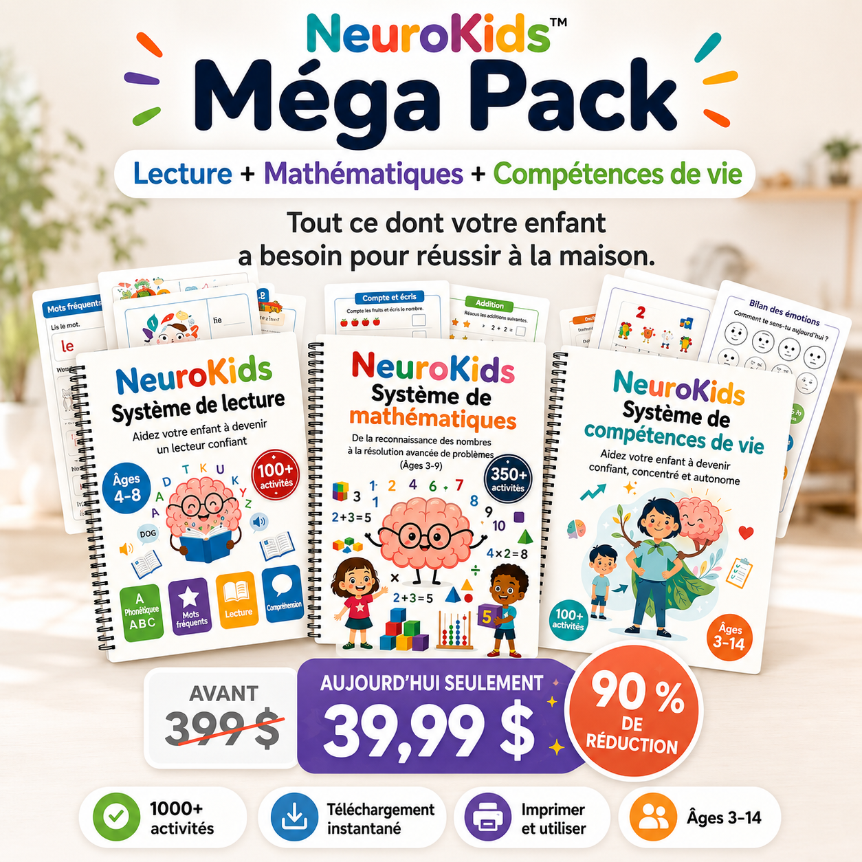 Pack d'apprentissage intensif NeuroKids™ : Mathématiques, lecture et compétences de vie